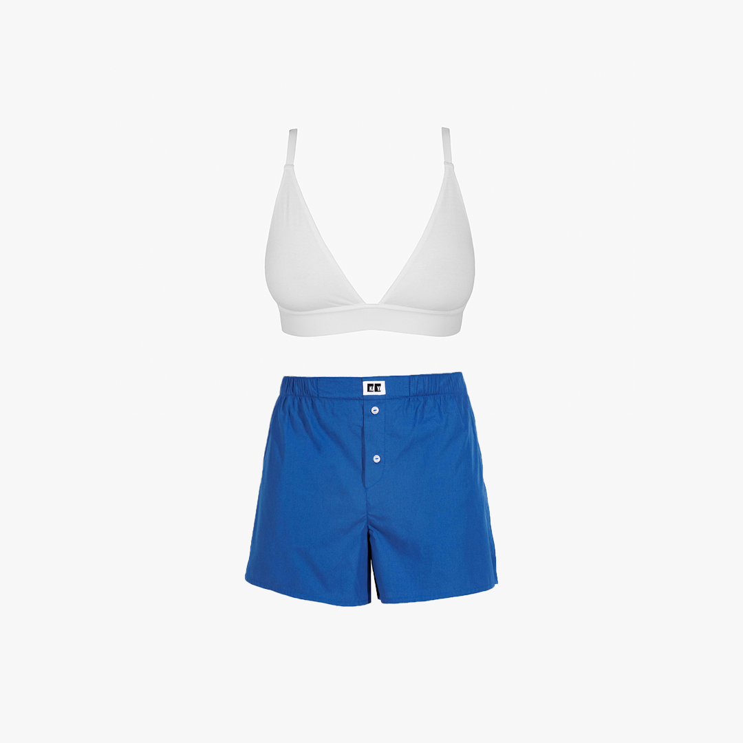 مثلثی-باکسر ست سوتین مثلثی سفید با باکسر آبی