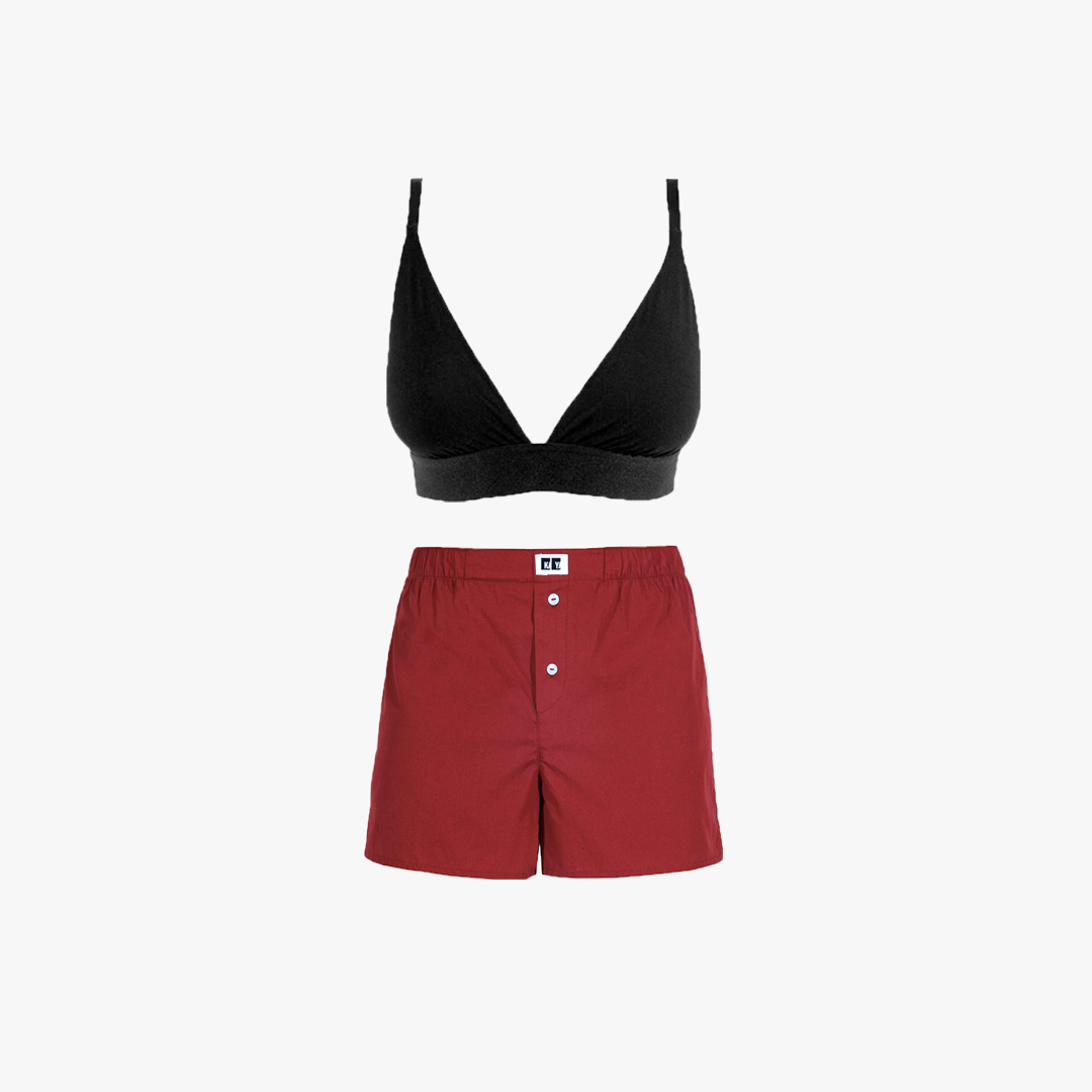 مثلثی-باکسر1 ست سوتین مثلثی مشکی با باکسر قرمز آجری